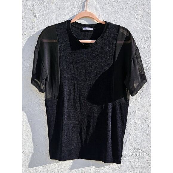 Zara Womens Top Small Black Mesh Sheer Cut Out Tank Short Sleeve Textured Shirt - Picture 1 of 11